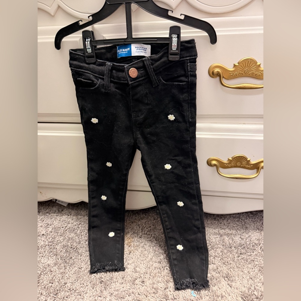 Old Navy Black Skinny Jeans with White Daisy Embroidery